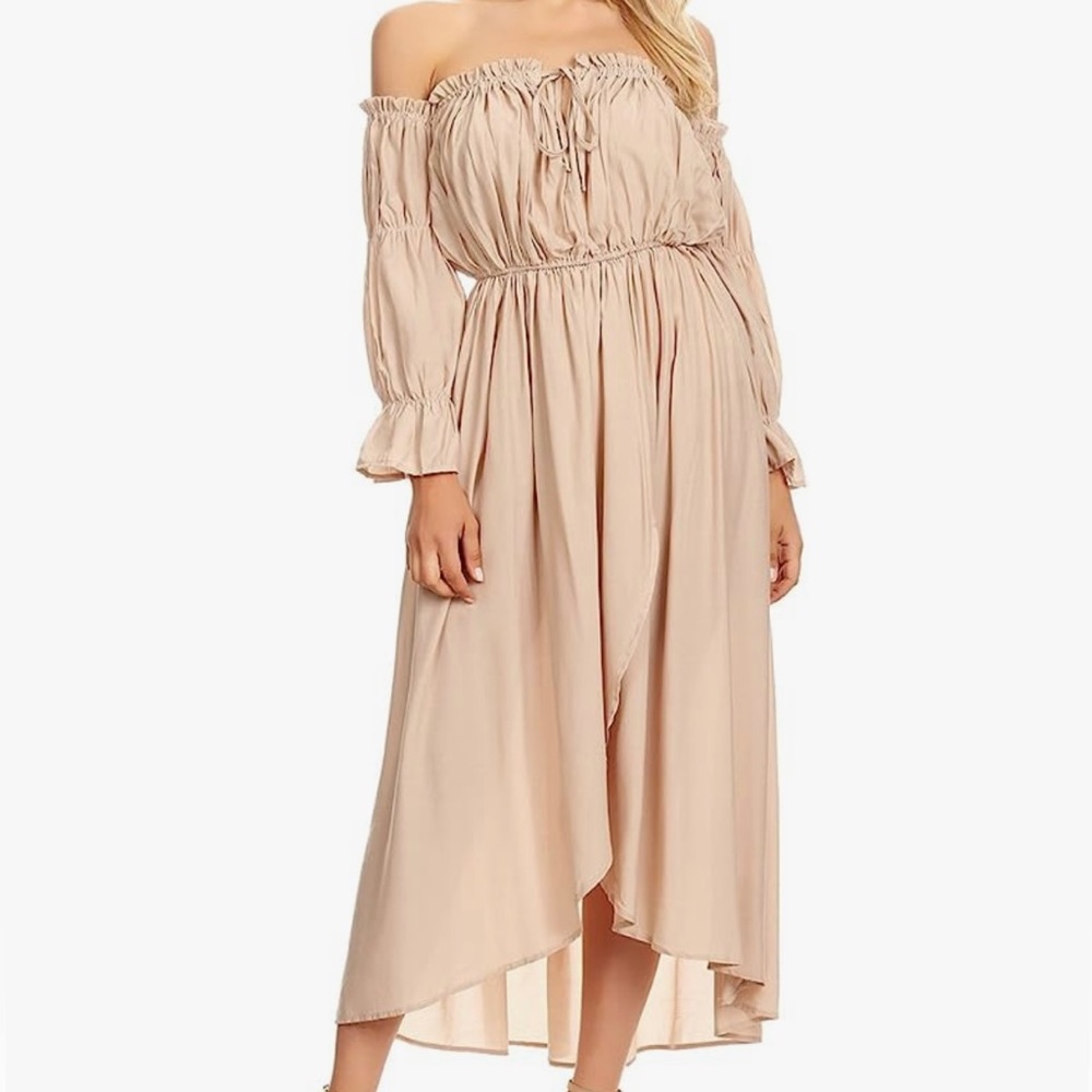 Neutral color off shoulder, long sleeve peasant dress